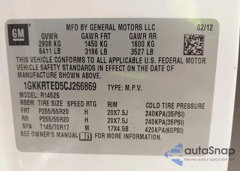 2012 GMC Acadia Denali from USA, damaged, VIN 1GKKRTED5CJ266869